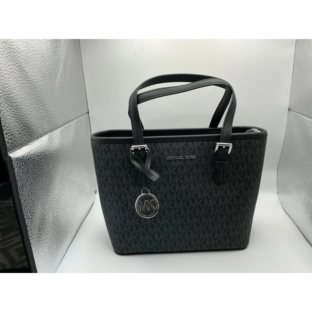 Michael Kors Jet Set Travel XS Tote Black MK Signature Coated Canvas NWT $328